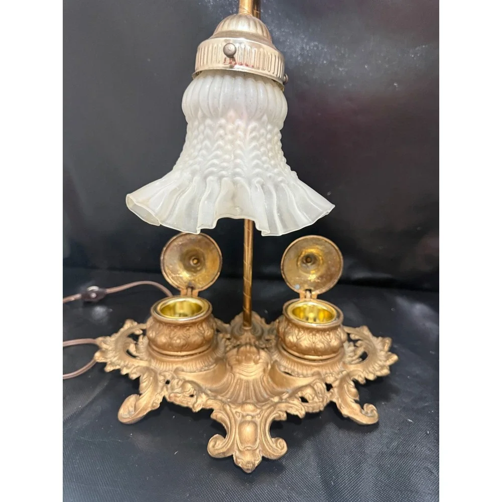 Vintage Brite Metal Ornate Brass Desk Lamp with Dual Inkwell Frosted Glass Tulip